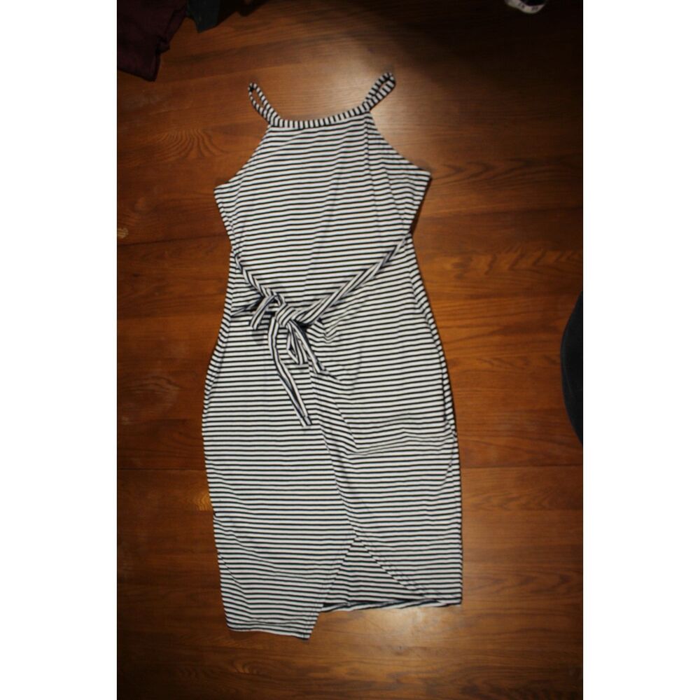 Black & White Striped Halter Midi Dress - Wrap Tulip Hem Tie Waist Size M